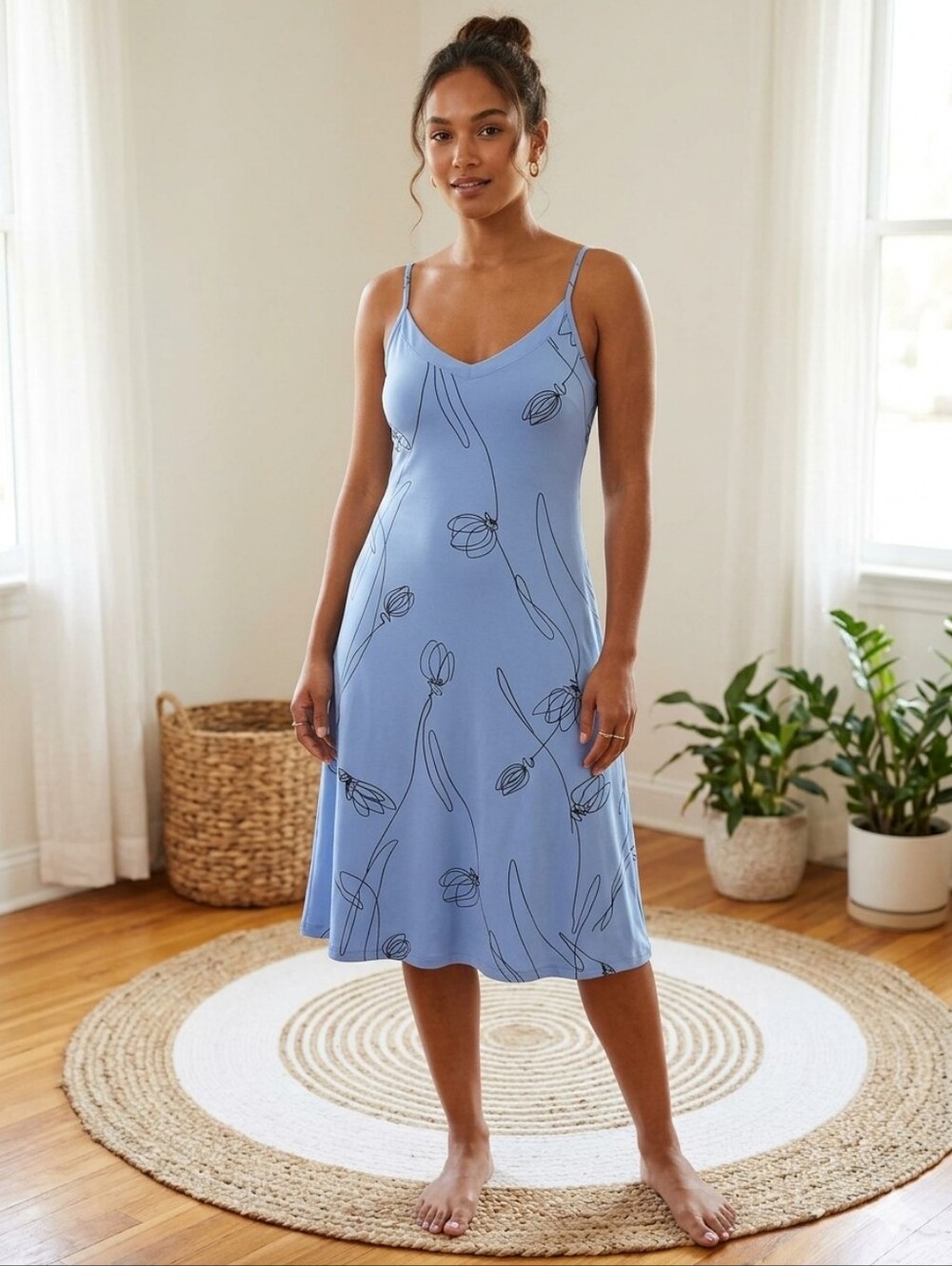 Vintage 90s Y2k Blue Slip Dress Black Line Floral Print Minimalist Soft Grunge